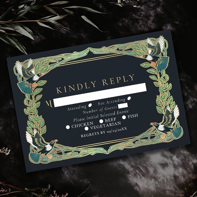 Elegant Magpie Art Nouveau Wedding RSVP Card (Creator Uploaded)