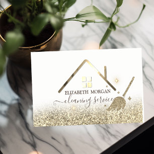 Elegant Maid Cleaning House Roof Gold Glitter  Business Card