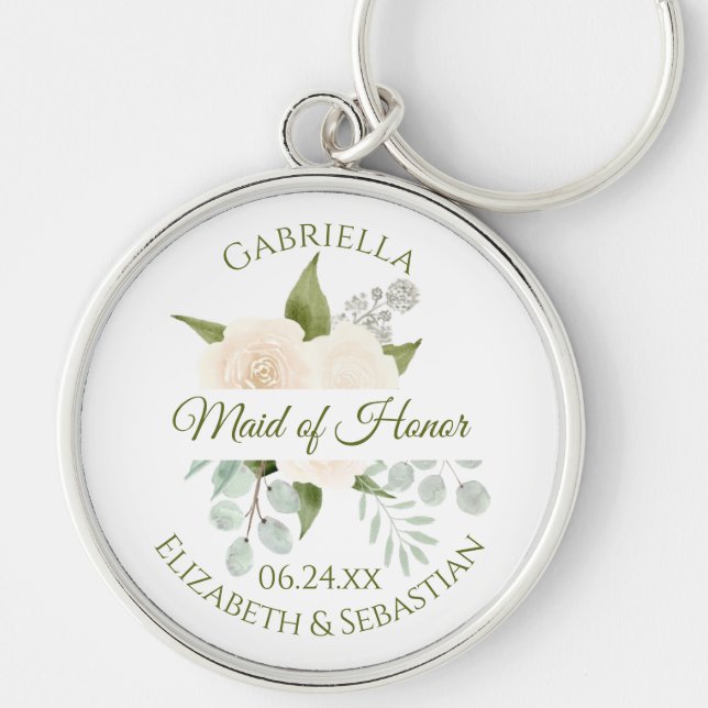 Elegant Maid of Honour Ivory Peach Roses Wedding Key Ring (Front)