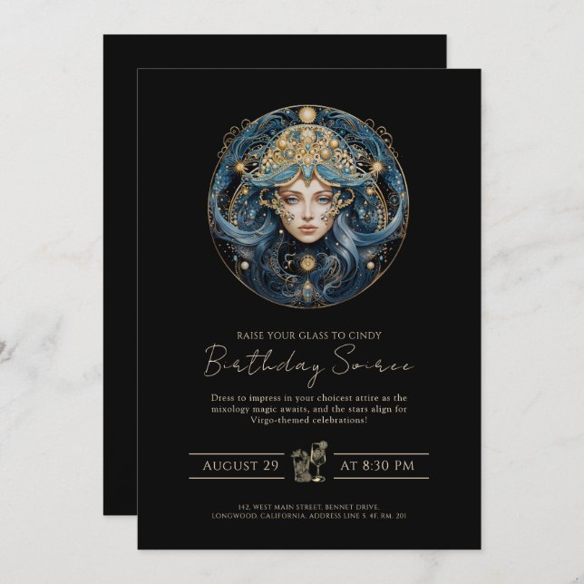 Elegant Maiden Sun Sign Cosmic Black Gold Virgo Invitation (Front/Back)