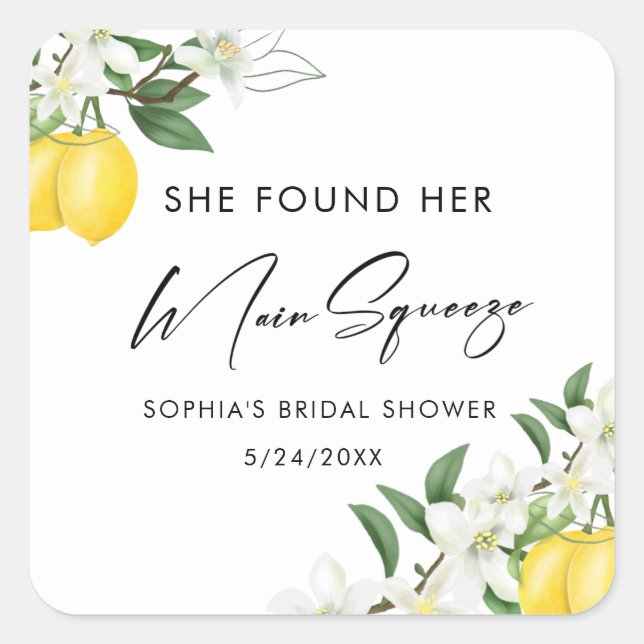 Elegant Main Squeeze Bridal Shower Favours Square Sticker (Front)