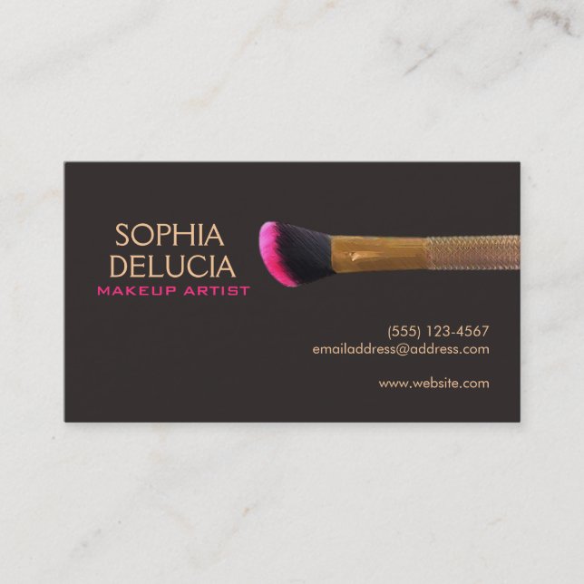 Elegant Makeup Artist Gold Pink Makeup Brush Business Card (Front)