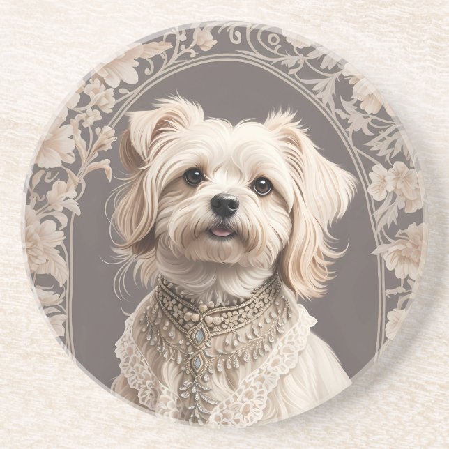 Elegant Maltese Dog William Morris Inspired Coaster (Front)