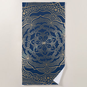 Elegant Mandala Art Boho Gold and Navy Blue Luxury Beach Towel