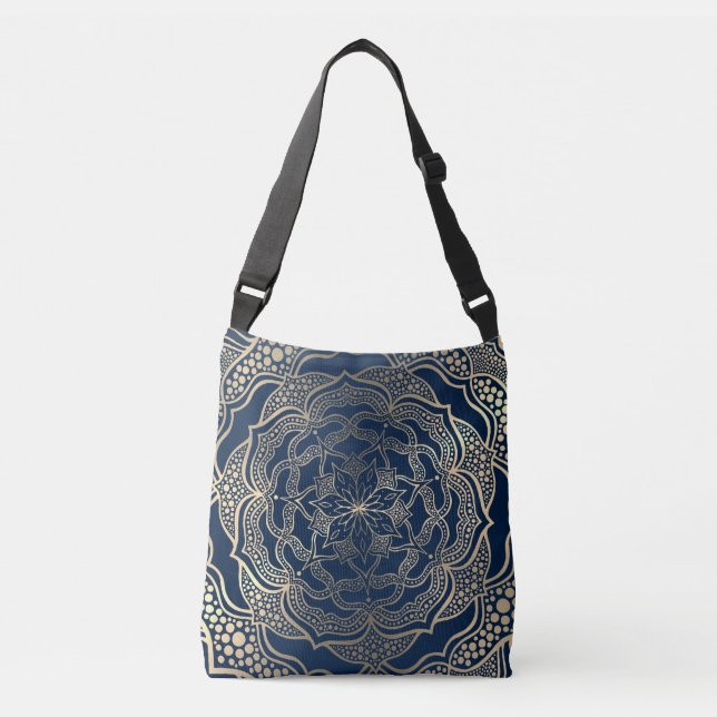 Elegant Mandala Art Boho Gold and Navy Blue Luxury Crossbody Bag (Front)