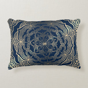 Elegant Mandala Art Boho Luxury Gold and Navy Blue Decorative Cushion