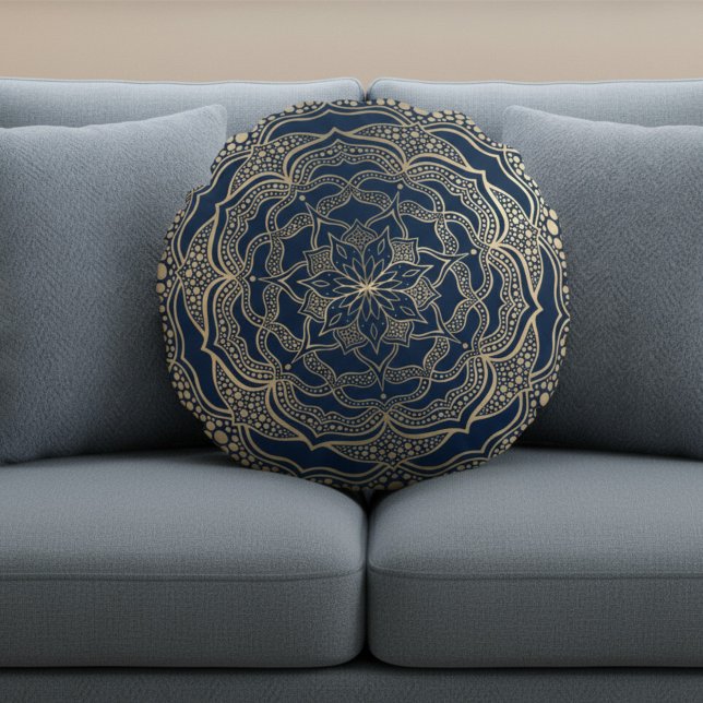 Elegant Mandala Art Boho Luxury Gold and Navy Blue Round Cushion (Creator Uploaded)