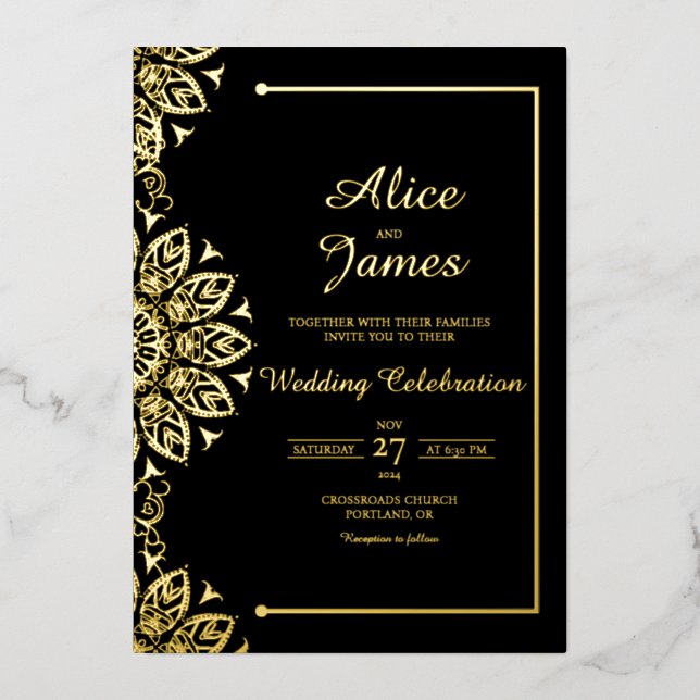 Elegant Mandala Black Gold Foil Wedding Invitation (Front)