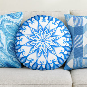  Elegant Mandala Boho Mediterranean White And Blue Round Cushion