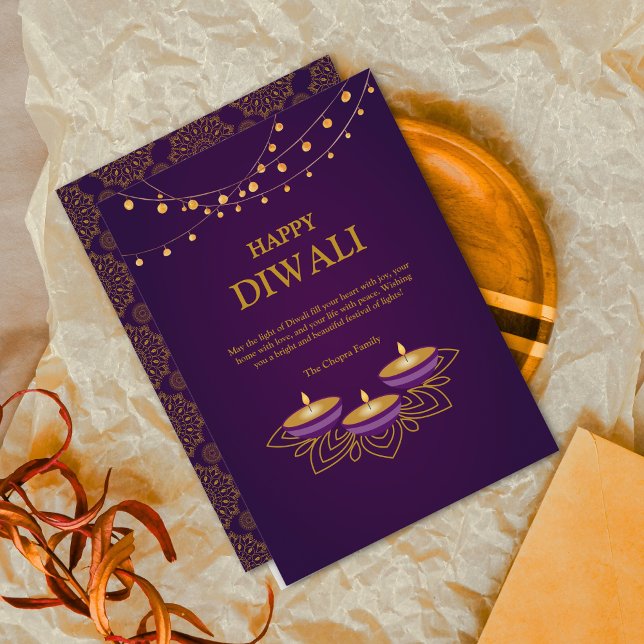 Elegant Mandala  diyas custom Purple Diwali gold  Holiday Card (Creator Uploaded)