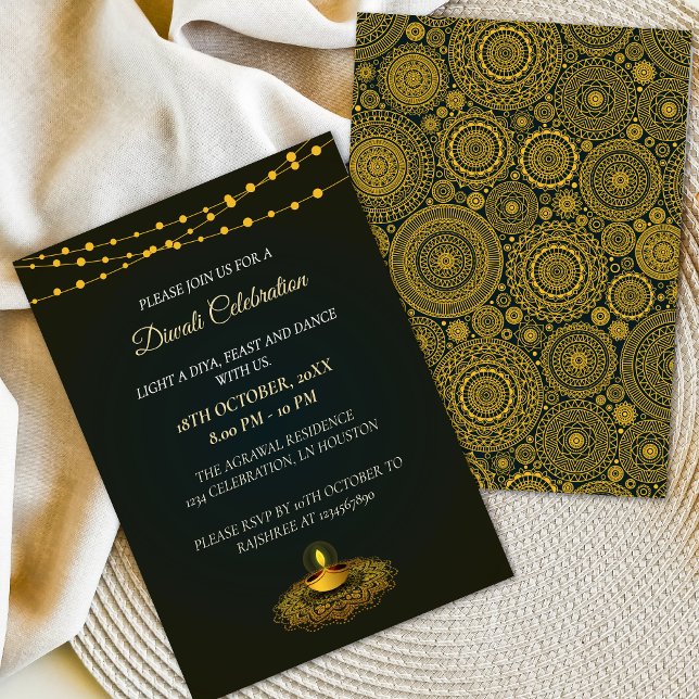 Elegant Mandala Diyas Green Gold Diwali Party  Invitation (Creator Uploaded)