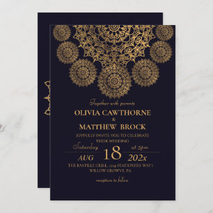 Elegant Mandala Gold Ornate Navy Blue Wedding Invitation
