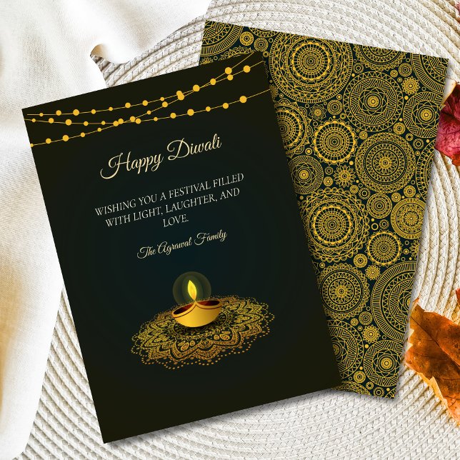 Elegant Mandala  hindu Green Gold Diwali  Holiday Card (Creator Uploaded)