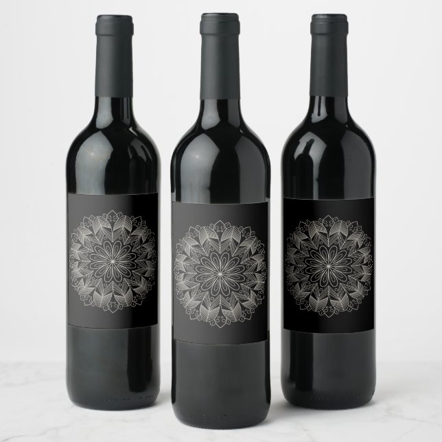 Elegant Mandala Indian Boho Chic Black Wedding Wine Label (Bottles)