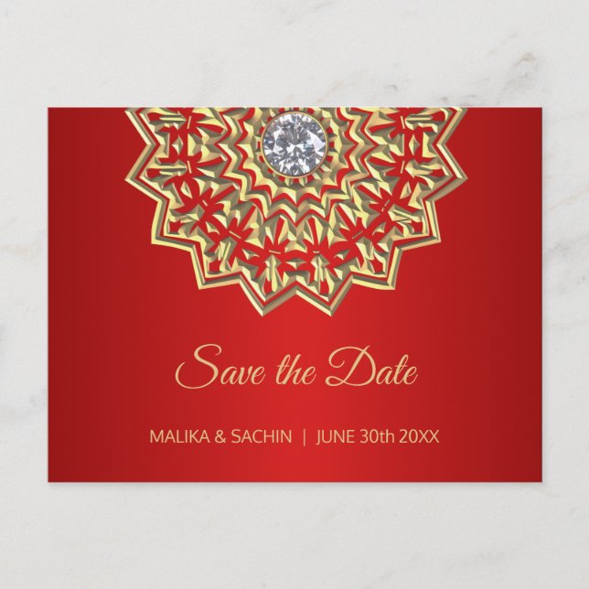 Elegant Mandala Indian RED Wedding SAVE THE DATE Announcement Postcard (Front)