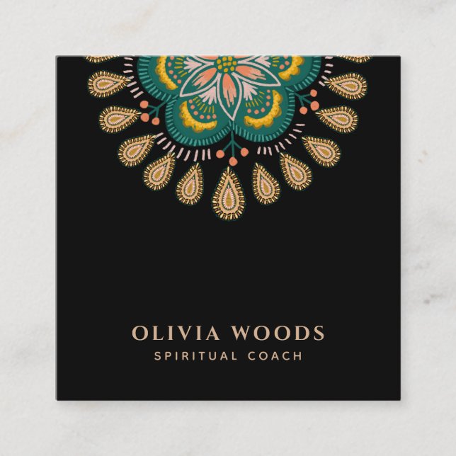 Elegant Mandala Spiritual Coach Green Black Square Business Card (Front)