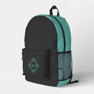 Elegant Manly Black & Teal Art Deco Add Monogram Printed Backpack