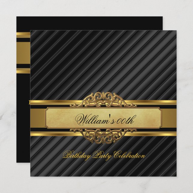 Elegant Mans Black Gold Birthday Party Mens Invitation (Front/Back)