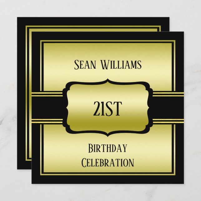 Elegant Man's Gold & Black 21st Birthday Invitation (Front/Back)