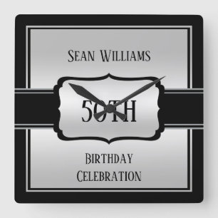 Elegant Man's Silver & Black Birthday Square Wall Clock