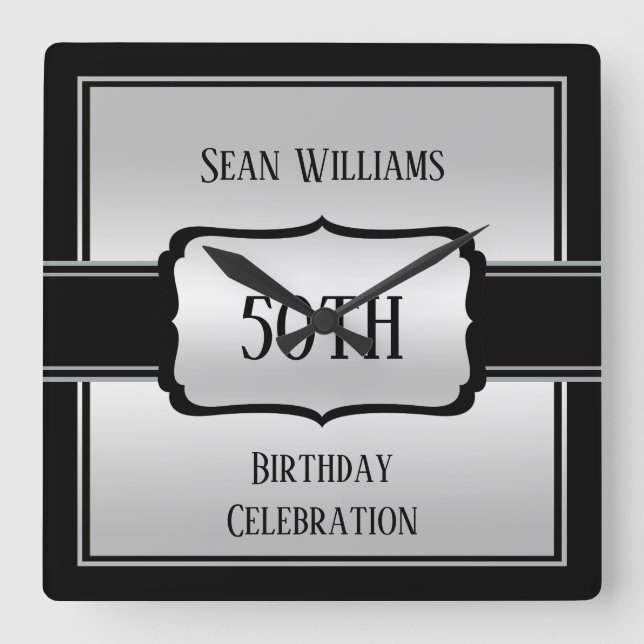 Elegant Man's Silver & Black Birthday Square Wall Clock (Front)