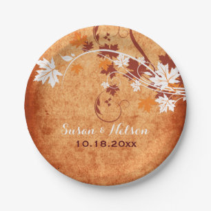 Elegant maple leaves orange fall wedding paper plate