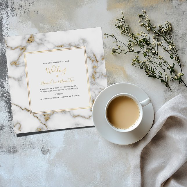 Elegant, marble an gold effect, wedding invitation (Square gold white and grey marble effect wedding invitation card with modern gold frame)