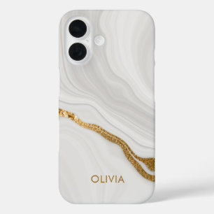 Elegant Marble And Gold Glitter Personalised Name iPhone 16 Case