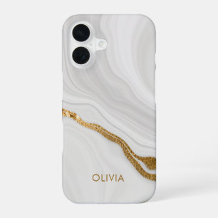 Elegant Marble And Gold Glitter Personalised Name iPhone 16 Case