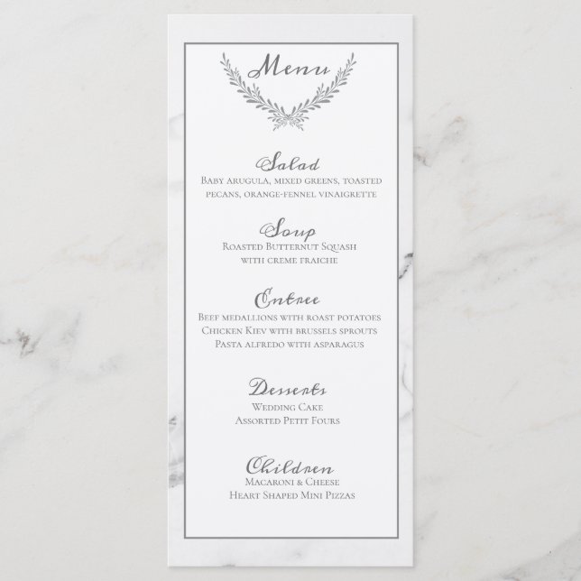 Elegant Marble and Wreath Wedding Menu Card (Front)
