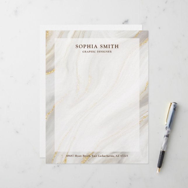 Elegant Marble Background Gold Glitter Simple Text Custom Letterhead (Front/Back In Situ)