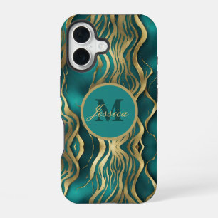 Elegant Marble Beige Turquoise Blue Teal Monogram iPhone 16 Case