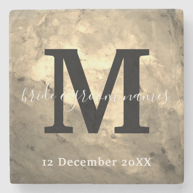 Elegant Marble Black and White Monogram Wedding    Stone Coaster (Front)