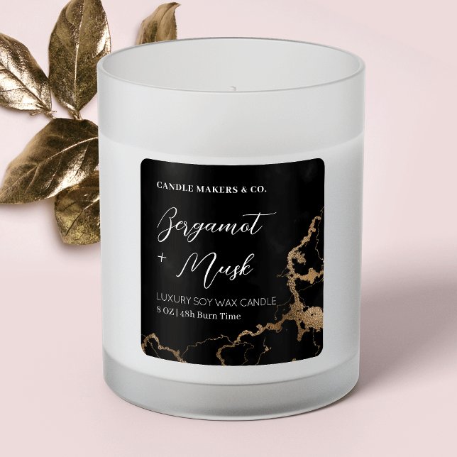 Elegant Marble Black & Gold Script Candles Square Sticker (Creator Uploaded)