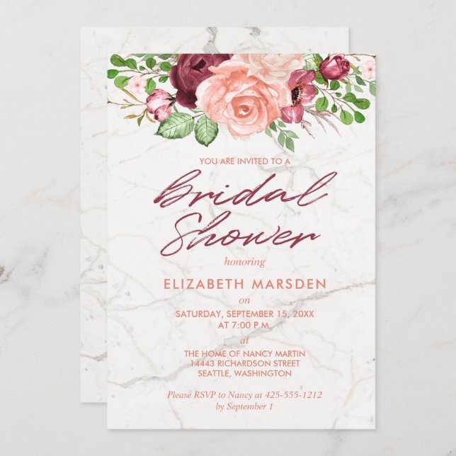 Elegant Marble Burgundy Mauve Peach Bridal Shower Invitation (Front/Back)