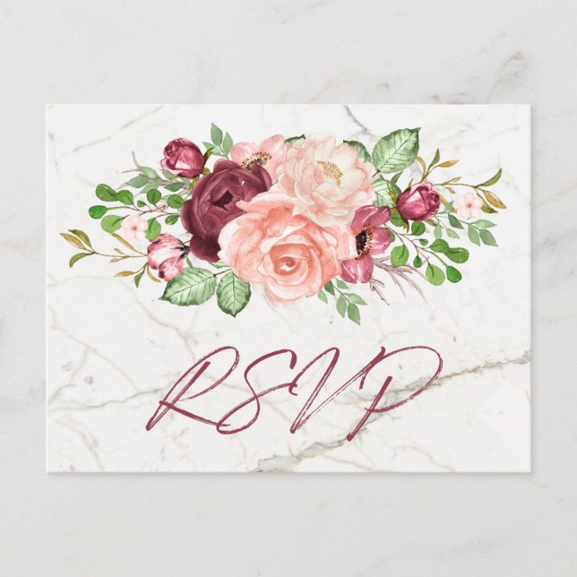 Elegant Marble Burgundy Mauve Peach RSVP Invitation Postcard (Front)