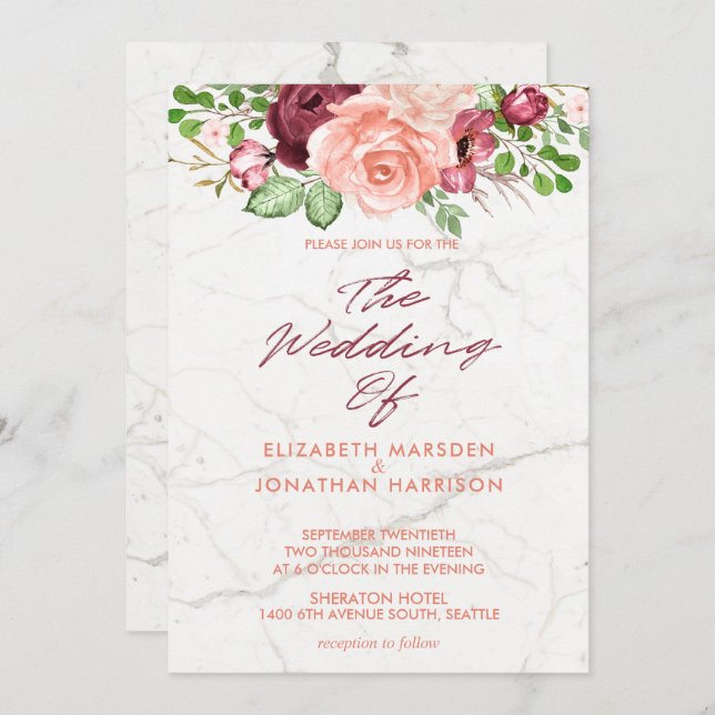 Elegant Marble Burgundy Mauve Peach Wedding Invitation (Front/Back)