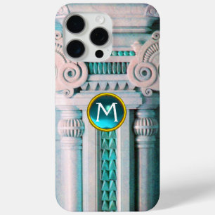ELEGANT MARBLE COLUMN,PINK BLUE GEM STONE MONOGRAM iPhone 15 PRO MAX CASE