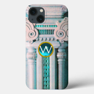 ELEGANT MARBLE COLUMN,PINK BLUE GEM STONE MONOGRAM iPhone 13 CASE