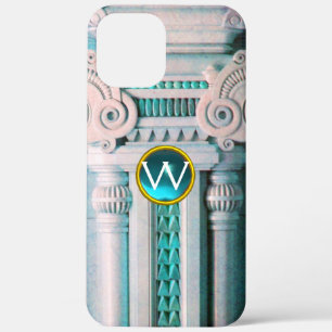 ELEGANT MARBLE COLUMN,PINK BLUE GEM STONE MONOGRAM iPhone 12 PRO MAX CASE