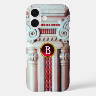 ELEGANT MARBLE COLUMN,PINK RED GEM STONE MONOGRAM iPhone 16 CASE