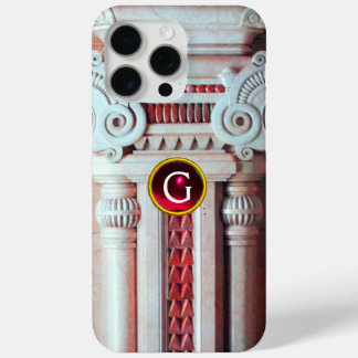 ELEGANT MARBLE COLUMN,PINK RED GEM STONE MONOGRAM iPhone 15 PRO MAX CASE