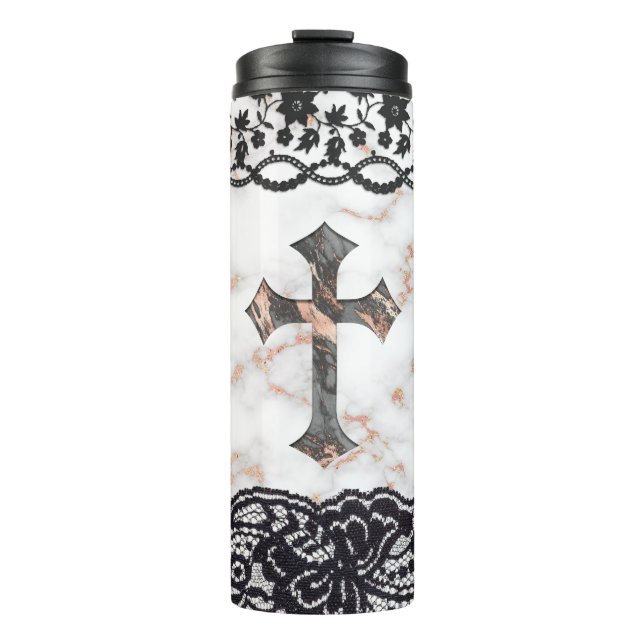 Elegant Marble Cross On Lace With Floral Design Thermal Tumbler (Front)