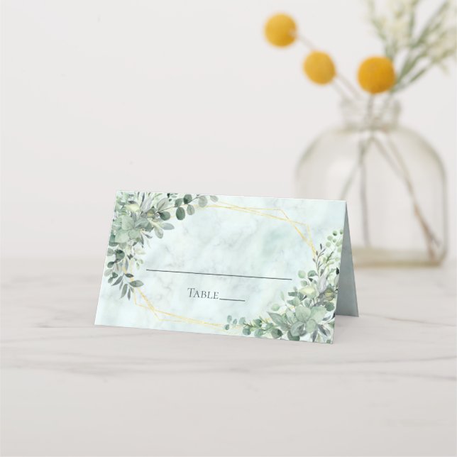 Elegant Marble Eucalyptus Greenery Gold Wedding Place Card (Front)