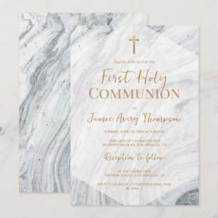 Elegant Marble First Holy Communion Gold Cross  Invitation