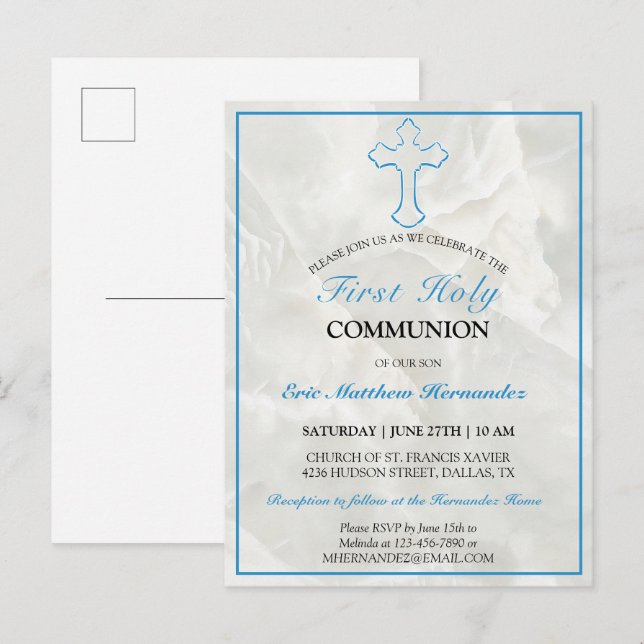 Elegant Marble First Holy Communion Invitation Postcard (Front/Back)