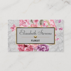 Elegant Marble Floral Rose and Gold Heart Florist Business Card