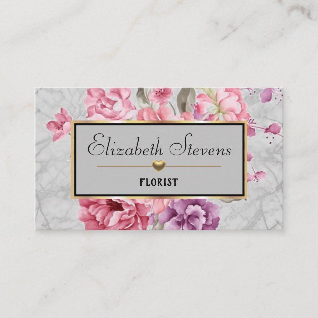 Elegant Marble Floral Rose and Gold Heart Florist Business Card (Front)