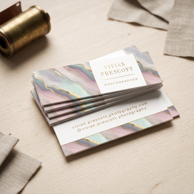 Elegant Marble Flow Design Mini Business Card (Simulated business cards on table)