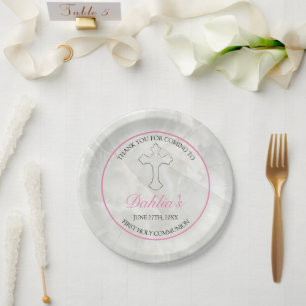 Elegant Marble Girls Pink First Holy Communion Paper Plate